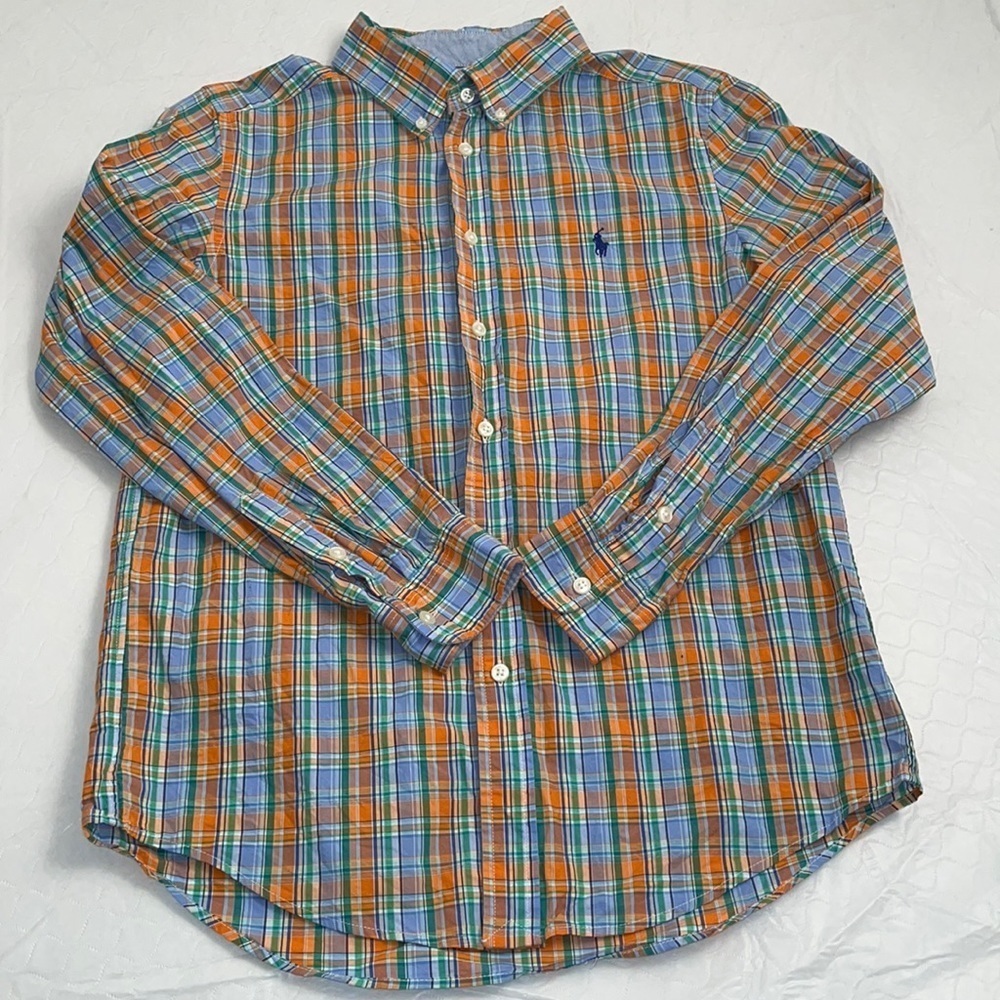 Ralph Lauren Polo orange and blue multicolor plaid button down shirt 14-16